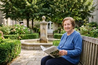 femme âgée lisant un livre dans un jardin paisible
