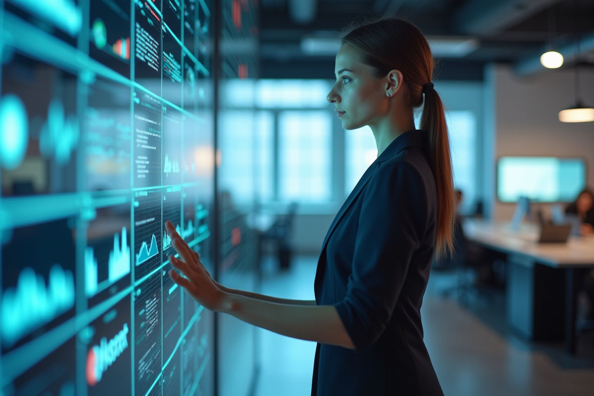 Jeune femme examinant des données sur un écran interactif