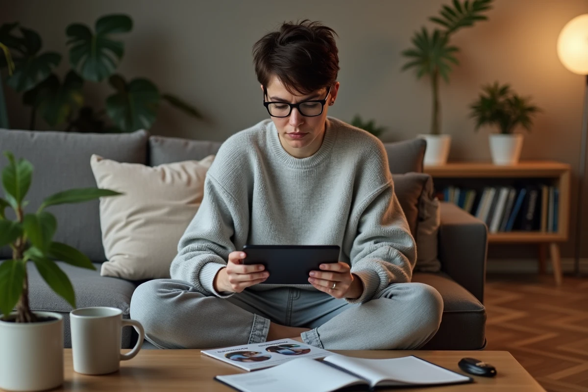 Femme adulte analysant les mécaniques d'un jeu de stratégie sur une tablette depuis son canapé, ambiance intérieure chaleureuse et studieuse