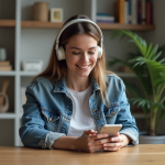 Femme avec casque utilisant une application de traduction