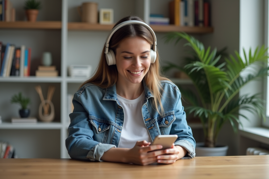Femme avec casque utilisant une application de traduction