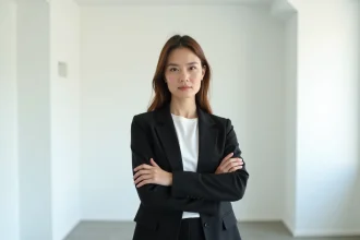 Femme en blazer noir et chemise blanche dans un studio minimaliste illustrant la psychologie des couleurs noir et blanc