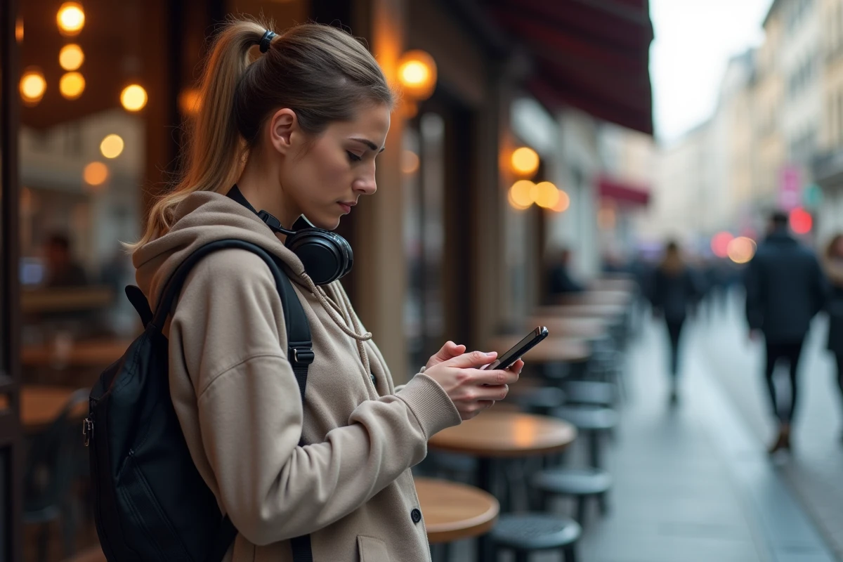 Femme regardant son smartphone avec Battlefield 6 en ville