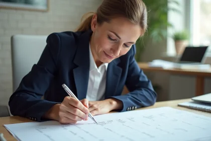 Femme professionnelle annotant un calendrier 2026 imprimé mois par mois dans un bureau moderne