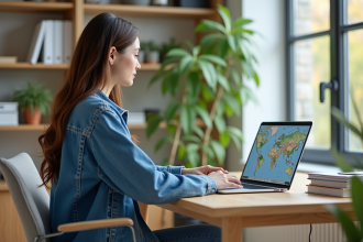 Jeune femme utilisant un ordinateur pour consulter des cartes numériques