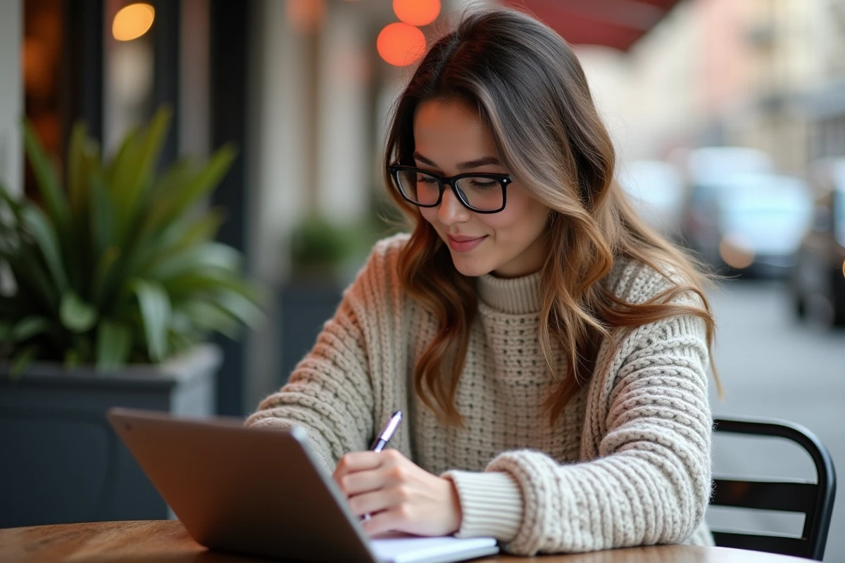 Femme prenant des notes dans un café en extérieur