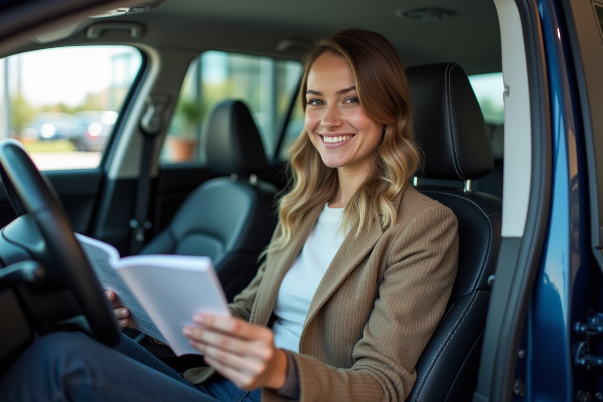 Jeune femme souriante dans la voiture en concession