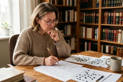 Femme créant des mots croisés à son bureau avec des listes de mots manuscrites et des grilles imprimées