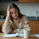 Femme assise à la cuisine avec un carnet de notes
