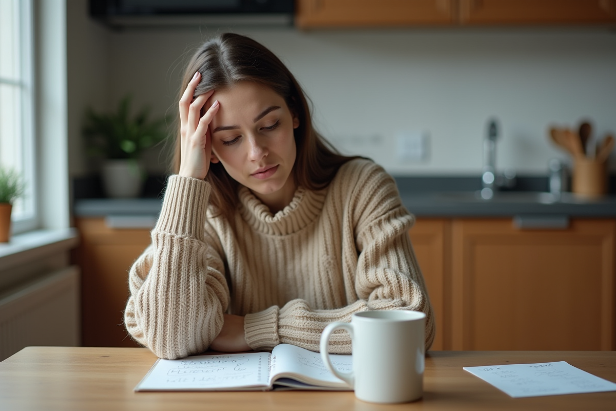 Femme assise à la cuisine avec un carnet de notes