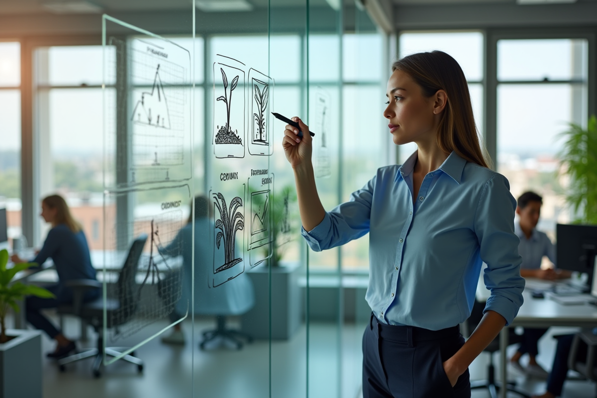 Jeune femme dessinant diagrammes économiques en équipe