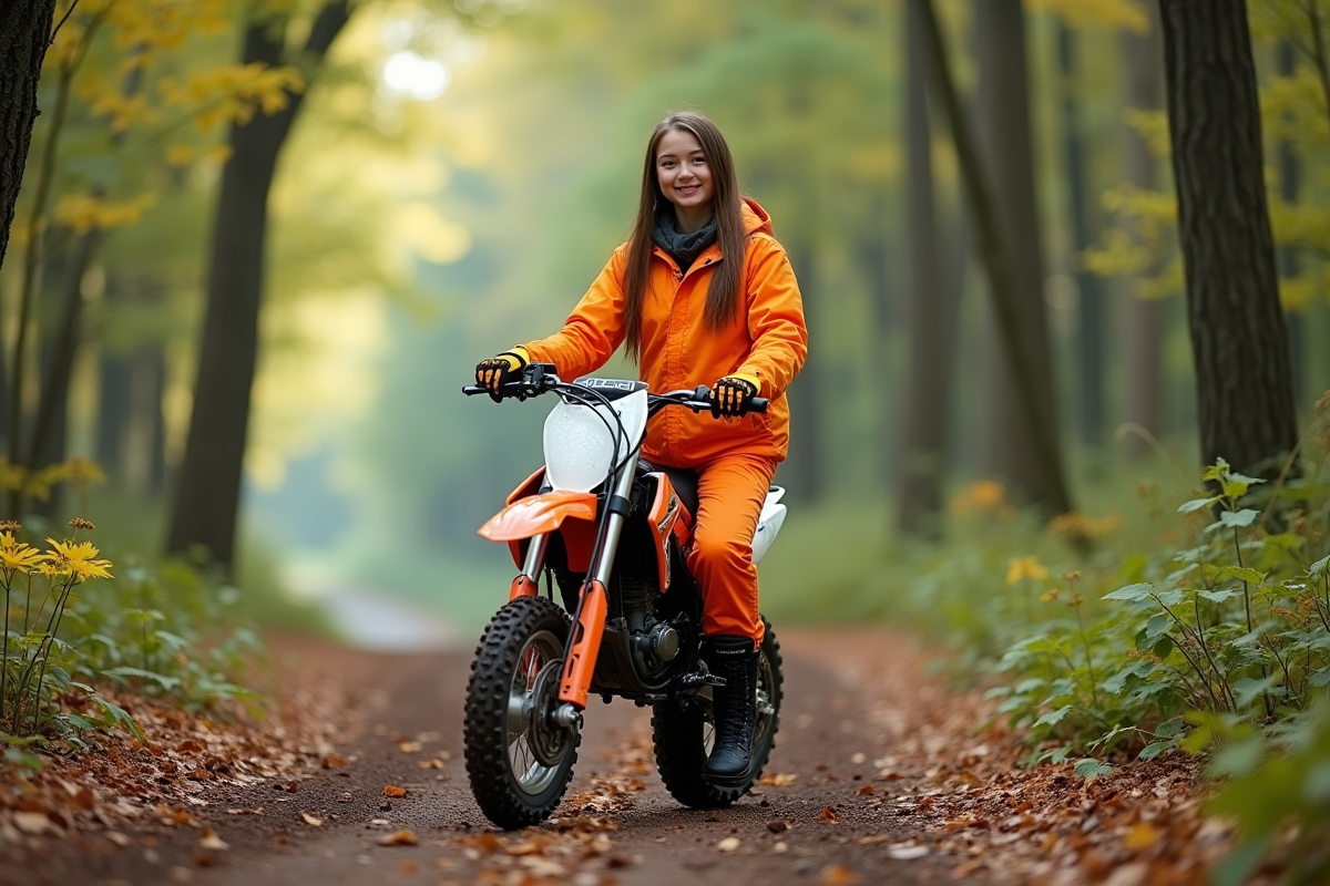 Jeune femme en équipement de protection près de sa moto en forêt