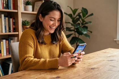 Femme riant devant son smartphone en envoyant un gif d'anniversaire rigolo depuis son bureau à domicile