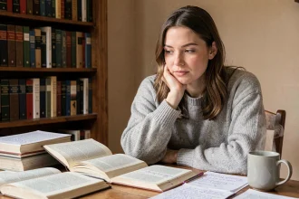 Femme étudiant la grammaire française avec des livres ouverts sur un bureau en bois, illustrant la confusion entre je serai et je serais