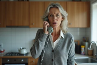 Femme excédée tenant un téléphone fixe suite à un appel de démarchage téléphonique intempestif dans sa cuisine