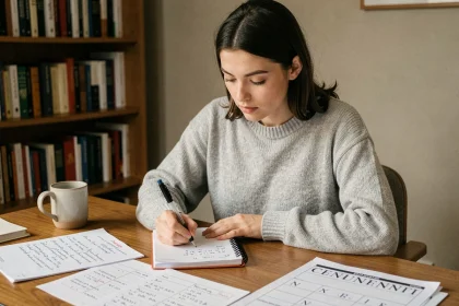 Jeune femme créant des exercices sur les chiffres romains dans un bureau à domicile avec des cahiers et des fiches imprimées
