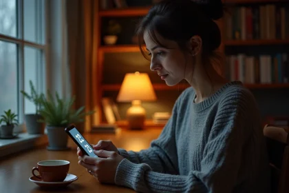 Femme contemplative regardant l'heure 23h23 sur son téléphone, symbolisant la signification des flammes jumelles et la synchronicité numérique