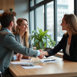 Femme professionnelle serre la main d'un couple dans un bureau immobilier