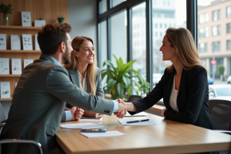Femme professionnelle serre la main d'un couple dans un bureau immobilier