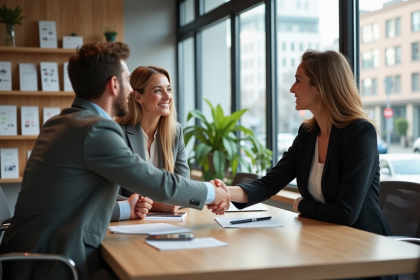 Femme professionnelle serre la main d'un couple dans un bureau immobilier
