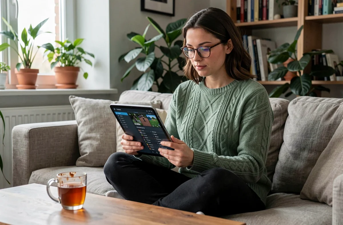 Jeune femme consultant un menu d'inventaire de jeu vidéo sur tablette dans son salon, cherchant quelle clé rare prioriser
