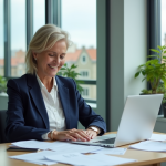 Femme d'âge moyen en blazer navy examine des documents ESG
