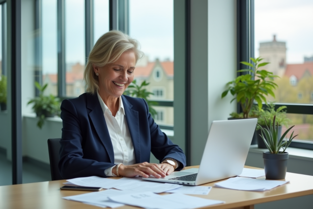 Femme d'âge moyen en blazer navy examine des documents ESG