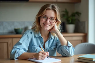 Jeune femme française lisant et écrivant dans une cuisine lumineuse