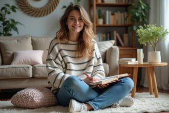 Femme en jeans et pull à rayures journalisant dans un salon cosy