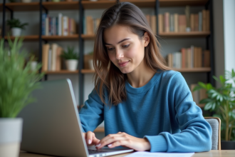 Jeune femme au bureau consulte son ordinateur portable