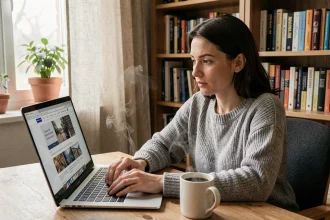 Femme consultant un site d'actualités en ligne sur son ordinateur portable dans un bureau à domicile