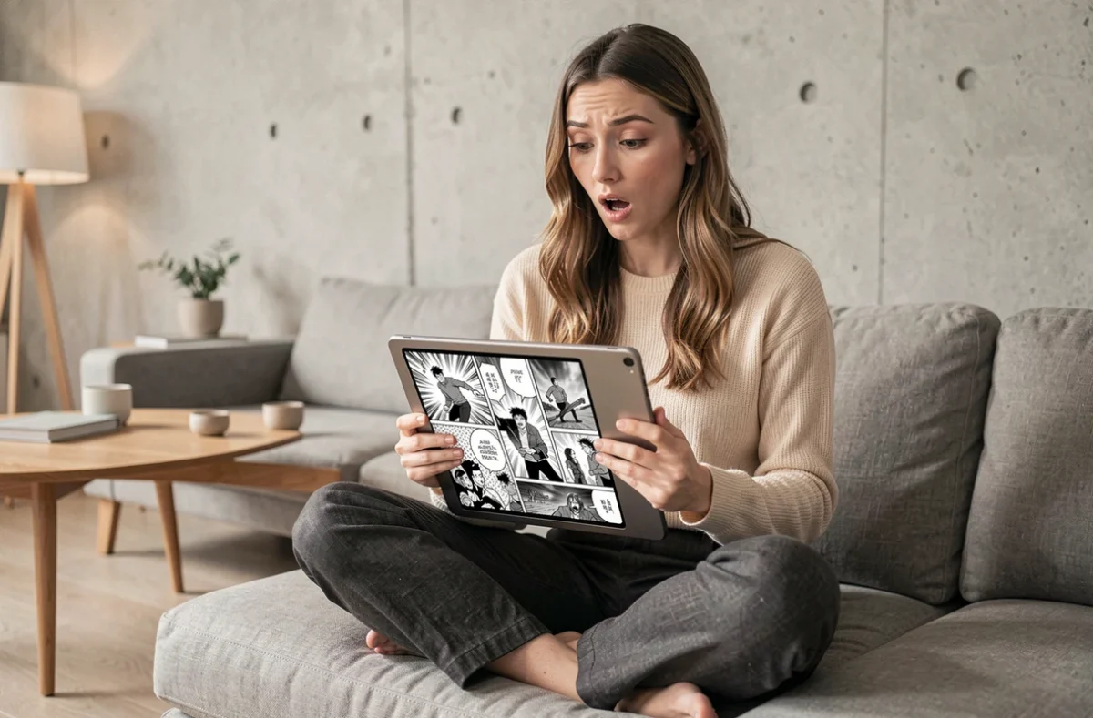 Femme lisant le chapitre de One Punch Man sur une tablette dans un salon moderne aux tons neutres