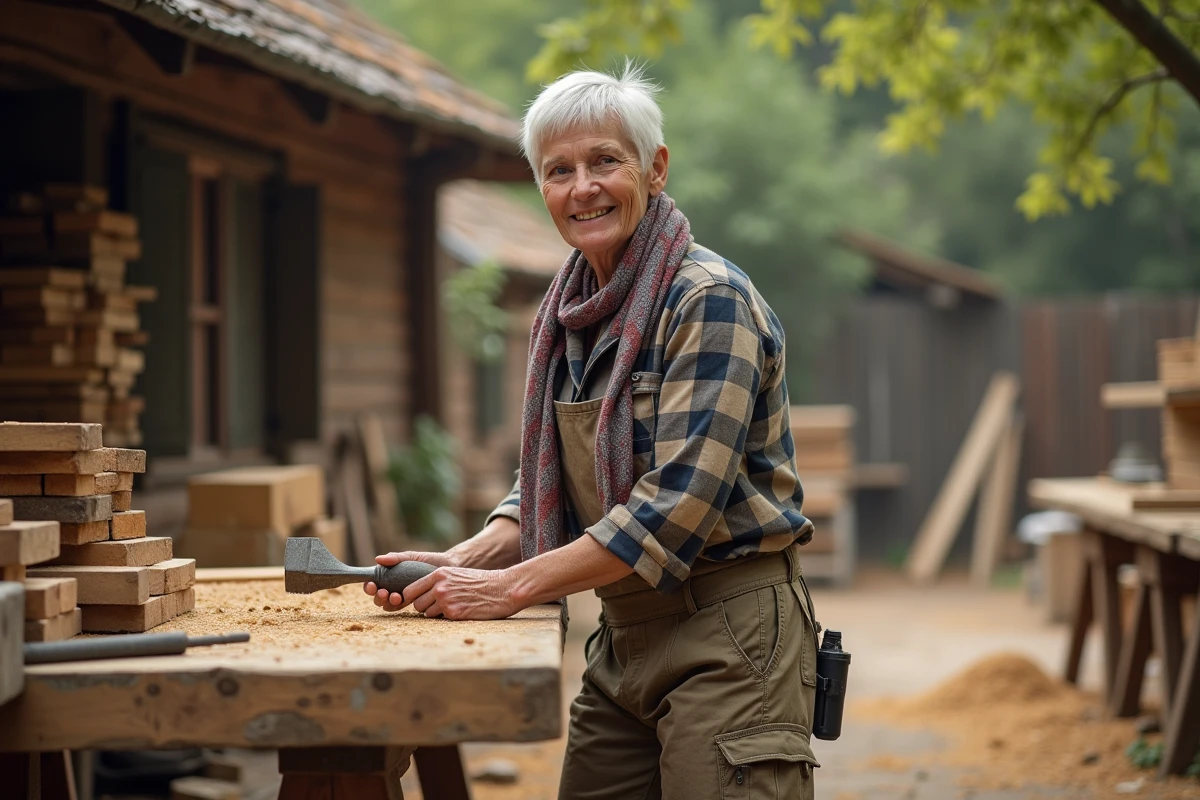 Femme travaillant le bois dans un espace extérieur rustique