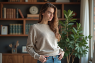 Femme portant pull en laine dans un salon cosy