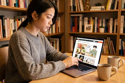 Jeune femme naviguant sur un site de scan manga de cuisine japonaise sushi sur un ordinateur portable dans un bureau cosy