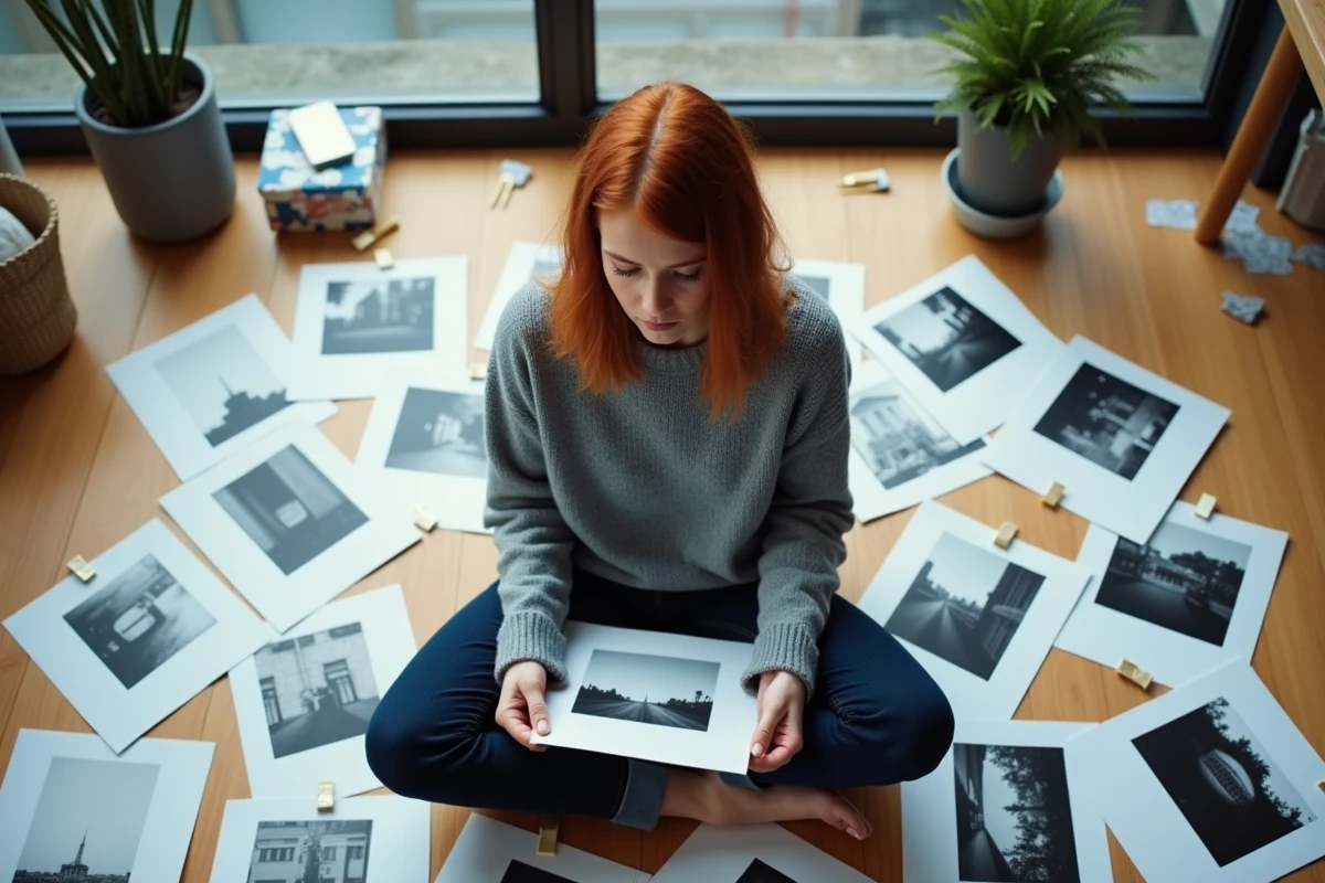 Femme assise entourée de photos annotées avec des légendes manuscrites dans un studio créatif contemporain