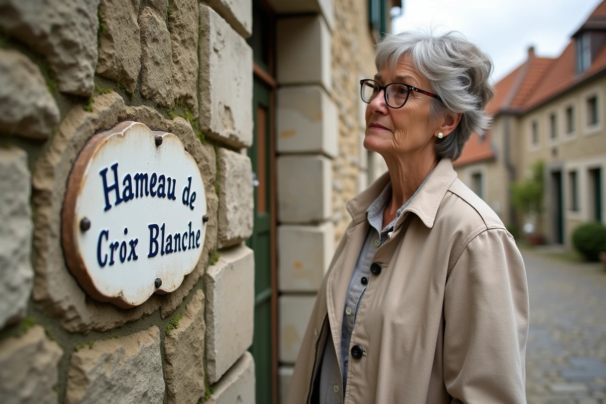 Femme lisant une plaque émaillée de lieu-dit sur un mur en pierre dans un village français