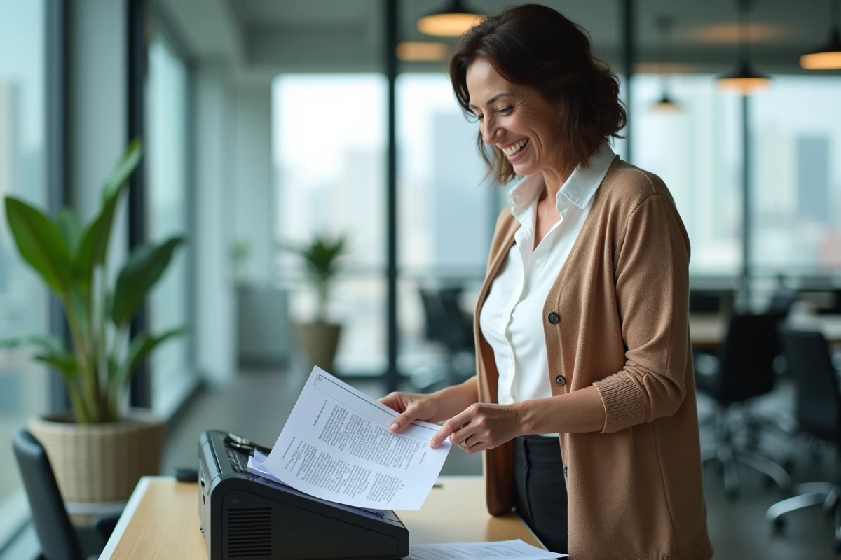 Femme d affaires scannant des papiers dans un bureau moderne