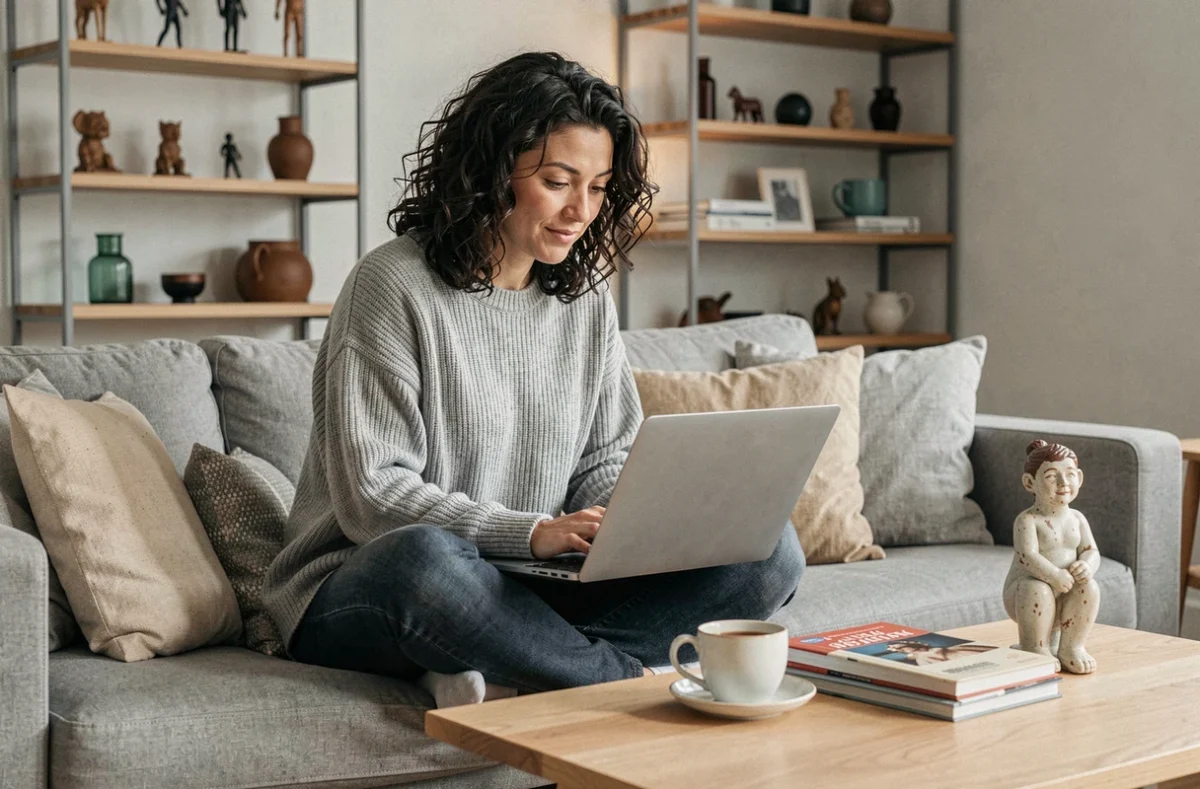 Femme parcourant des annonces de collectibles sur un ordinateur portable depuis son canapé, à la recherche de bonnes affaires en ligne sur Delcampe