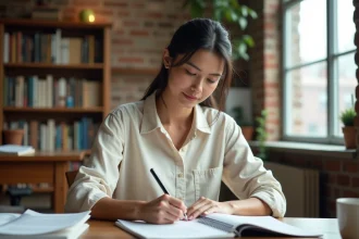 Femme rédigeant des didascalies et formules types dans un carnet sur un bureau d'édition en bois