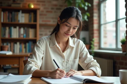 Femme rédigeant des didascalies et formules types dans un carnet sur un bureau d'édition en bois