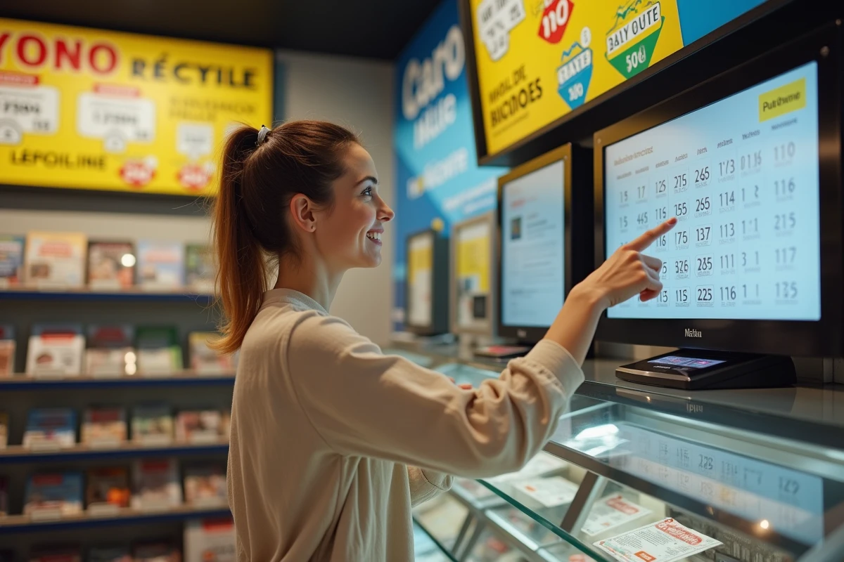 Femme consultant les résultats du Keno dans un bureau de tabac français devant un écran d'affichage