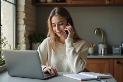 Jeune femme au smartphone dans un appartement parisien