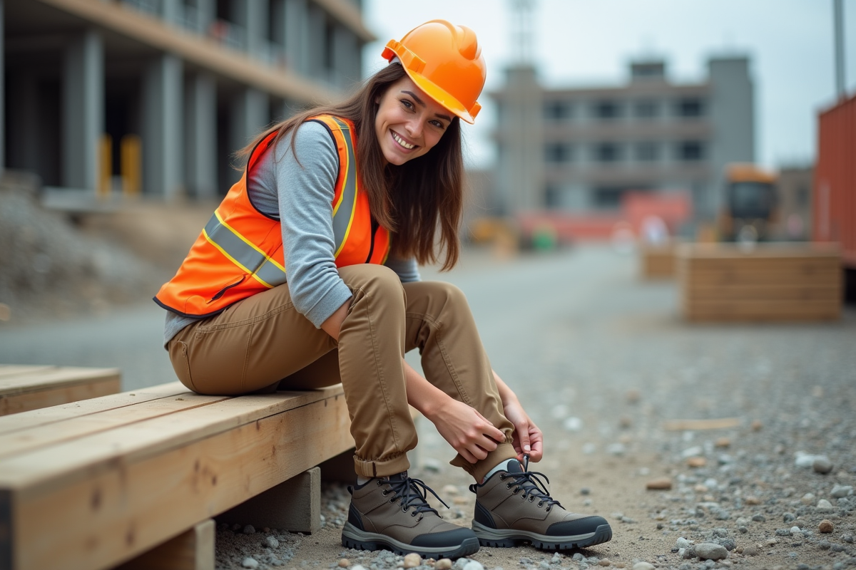 Jeune femme construction en train de lacer ses chaussures