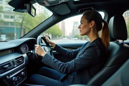 Femme en voiture moderne regardant l'écran de bord