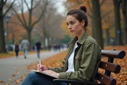 Femme seule dans un parc en automne tenant un carnet, symbolisant la douleur silencieuse de la trahison amoureuse