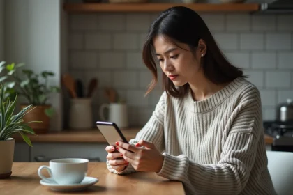 Femme examinant un message suspect sur son smartphone dans la cuisine