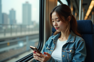 Jeune femme utilisant une application de traduction dans le train