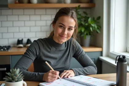 Femme sportive planifiant ses activités dans un agenda hebdomadaire avec calendrier semaines paires et impaires 2026