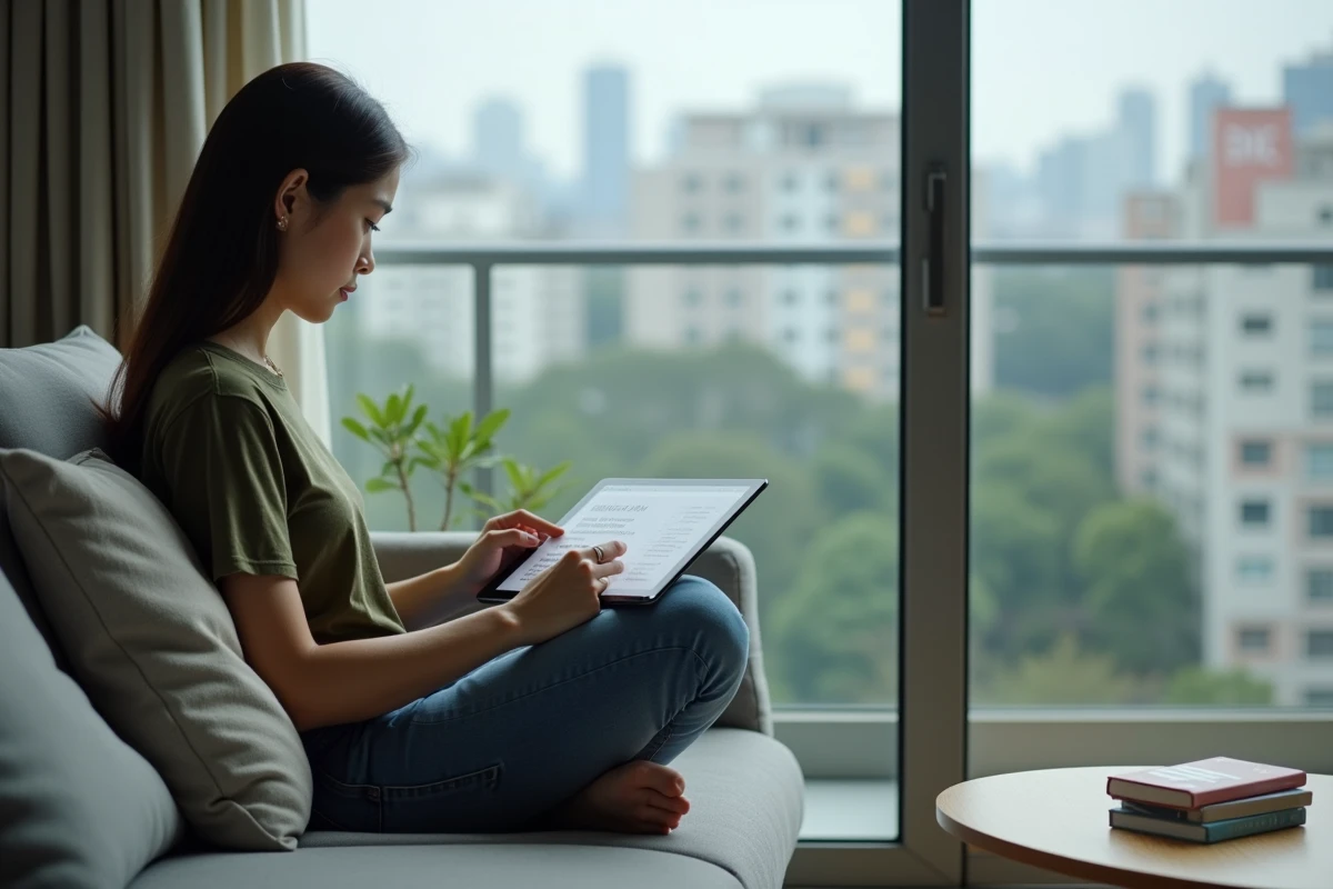 Jeune femme lisant des mangas sur une tablette dans son salon, explorant des sites alternatifs après l'inaccessibilité de PhenixScans
